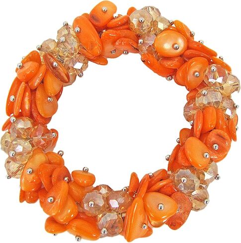 Woman's Orange Shell and Glass Beaded Stretch Bracelet with Silver Beads, Designed with Clusters of Shell and Facet Cut Glass Beads in Saudi Arabia