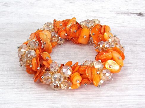 Woman's Orange Shell and Glass Beaded Stretch Bracelet with Silver Beads, Designed with Clusters of Shell and Facet Cut Glass Beads in Saudi Arabia