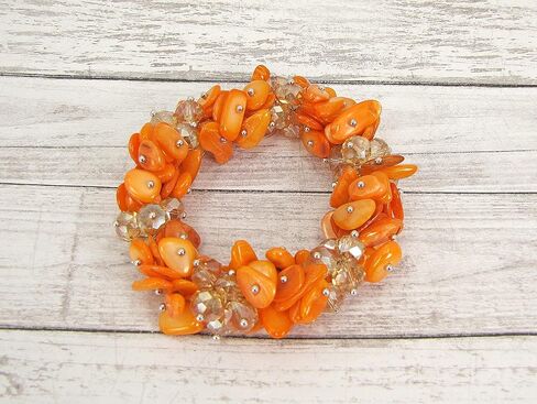 Woman's Orange Shell and Glass Beaded Stretch Bracelet with Silver Beads, Designed with Clusters of Shell and Facet Cut Glass Beads in Saudi Arabia