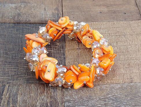 Woman's Orange Shell and Glass Beaded Stretch Bracelet with Silver Beads, Designed with Clusters of Shell and Facet Cut Glass Beads in Saudi Arabia