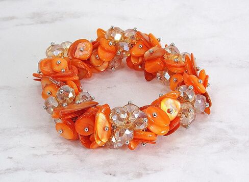 Woman's Orange Shell and Glass Beaded Stretch Bracelet with Silver Beads, Designed with Clusters of Shell and Facet Cut Glass Beads in Saudi Arabia