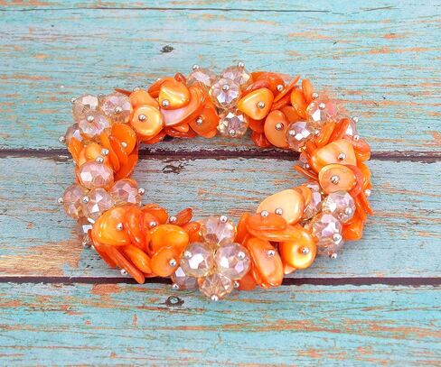 Woman's Orange Shell and Glass Beaded Stretch Bracelet with Silver Beads, Designed with Clusters of Shell and Facet Cut Glass Beads in Saudi Arabia