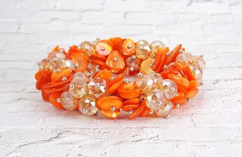 Woman's Orange Shell and Glass Beaded Stretch Bracelet with Silver Beads, Designed with Clusters of Shell and Facet Cut Glass Beads in Saudi Arabia