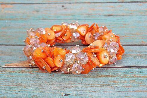 Woman's Orange Shell and Glass Beaded Stretch Bracelet with Silver Beads, Designed with Clusters of Shell and Facet Cut Glass Beads in Saudi Arabia