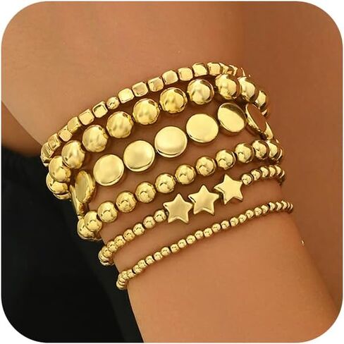 6pcs كرات النجوم الذهبية من الأساور المزينة بالنساء للنساء أزياء قابلة للتكديس جولة أساور حبة العملة ببيان سوار خمر المجوهرات المرنة in Saudi Arabia