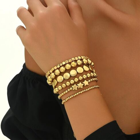 6pcs كرات النجوم الذهبية من الأساور المزينة بالنساء للنساء أزياء قابلة للتكديس جولة أساور حبة العملة ببيان سوار خمر المجوهرات المرنة in Saudi Arabia