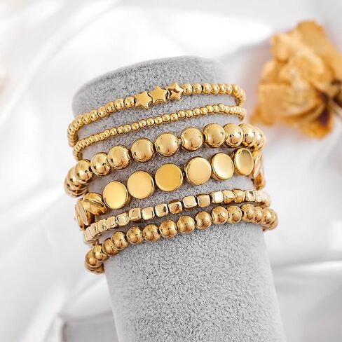 6pcs كرات النجوم الذهبية من الأساور المزينة بالنساء للنساء أزياء قابلة للتكديس جولة أساور حبة العملة ببيان سوار خمر المجوهرات المرنة in Saudi Arabia