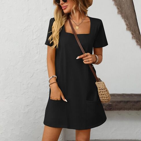 Summer Cotton Dresses for Women Casual Short Sleeve Sundress Square Neck Vacation Beach T Shirt Dress with Pockets in Saudi Arabia