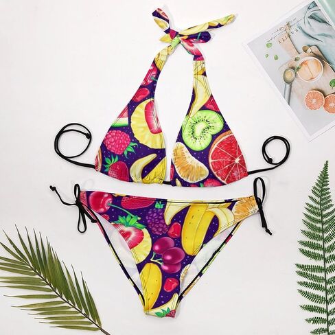 Funny Fruit Print 2 Piece Halter Sexy Bathing Suits Low Waisted Swimwear Triangle Women's Bikini Set Swimsuit in Saudi Arabia