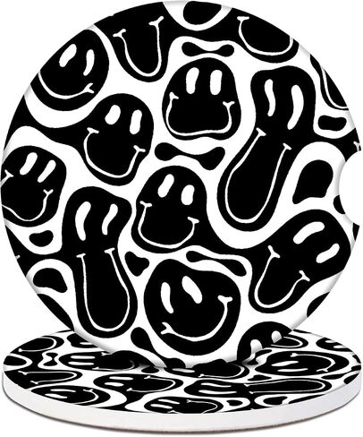 Car Cup Holder Coasters - Black Hippie Smiley Face Absorbent Ceramic Coaster 2 Pack, Anti Slip Car Coasters for Cup Holders, Fashion Car Interior Accessories Drink Coaster for Women & Men in Kuwait