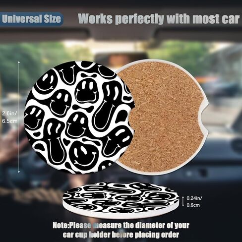 Car Cup Holder Coasters - Black Hippie Smiley Face Absorbent Ceramic Coaster 2 Pack, Anti Slip Car Coasters for Cup Holders, Fashion Car Interior Accessories Drink Coaster for Women & Men in Kuwait