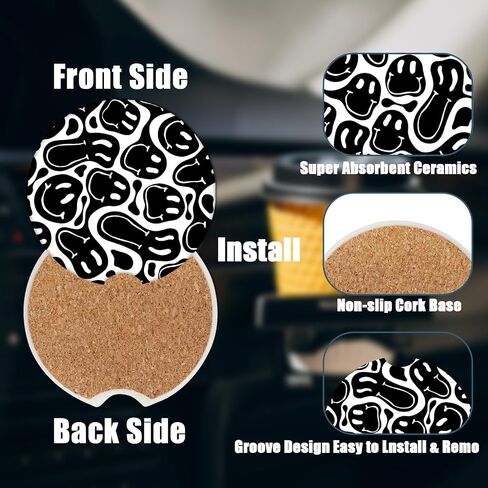 Car Cup Holder Coasters - Black Hippie Smiley Face Absorbent Ceramic Coaster 2 Pack, Anti Slip Car Coasters for Cup Holders, Fashion Car Interior Accessories Drink Coaster for Women & Men in Kuwait