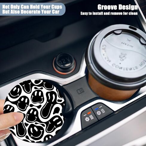 Car Cup Holder Coasters - Black Hippie Smiley Face Absorbent Ceramic Coaster 2 Pack, Anti Slip Car Coasters for Cup Holders, Fashion Car Interior Accessories Drink Coaster for Women & Men in Kuwait