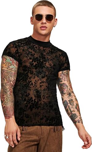 WDIRARA Men's Floral Print Mesh Sheer Stand Collar T Shirt Short Sleeve Slim Fit Tee Top in Saudi Arabia