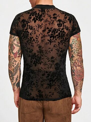 WDIRARA Men's Floral Print Mesh Sheer Stand Collar T Shirt Short Sleeve Slim Fit Tee Top in Saudi Arabia