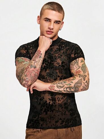 WDIRARA Men's Floral Print Mesh Sheer Stand Collar T Shirt Short Sleeve Slim Fit Tee Top in Saudi Arabia