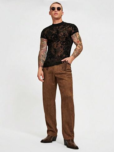 WDIRARA Men's Floral Print Mesh Sheer Stand Collar T Shirt Short Sleeve Slim Fit Tee Top in Saudi Arabia