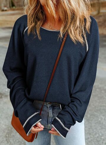 Dokotoo Womens Tops Long Sleeve Dorts Waffle Tops Tops Crewneck Fashion 2024 Disual T Shirts فضفاضة قمصان in Kuwait