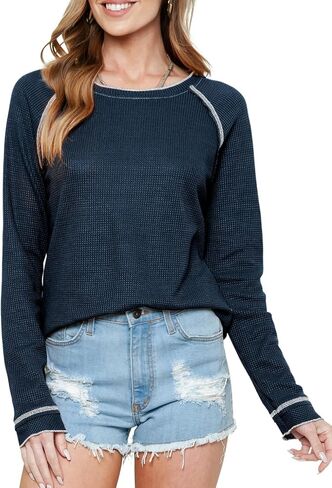 Dokotoo Womens Tops Long Sleeve Dorts Waffle Tops Tops Crewneck Fashion 2024 Disual T Shirts فضفاضة قمصان in Kuwait