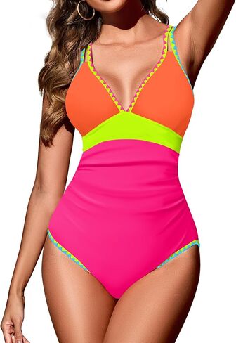 Zilcremo Women One Piece Swimsuit Tummy Control Slimming Bathing Suits Double Straps Color Block Swim Suit Swimwear in Saudi Arabia