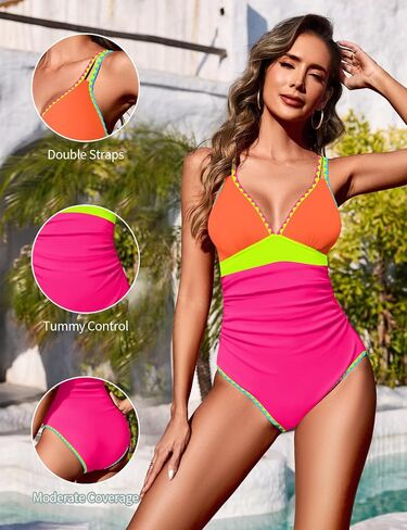 Zilcremo Women One Piece Swimsuit Tummy Control Slimming Bathing Suits Double Straps Color Block Swim Suit Swimwear in Saudi Arabia