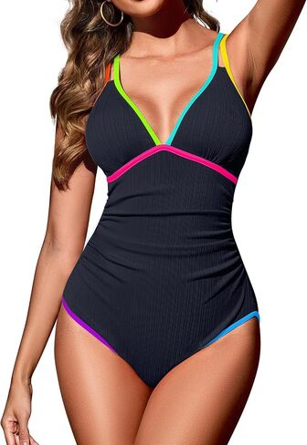Zilcremo Women One Piece Swimsuit Tummy Control Slimming Bathing Suits Double Straps Color Block Swim Suit Swimwear in Saudi Arabia