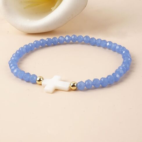 Cross Natural Gemstone Crystal Beaded Stretch Bracelet for Women,Handmade Boho Colorful Glass Beads Fashion Jewelry Gift in Saudi Arabia