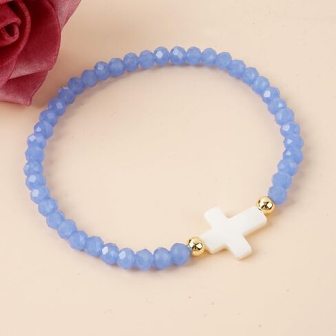 Cross Natural Gemstone Crystal Beaded Stretch Bracelet for Women,Handmade Boho Colorful Glass Beads Fashion Jewelry Gift in Saudi Arabia