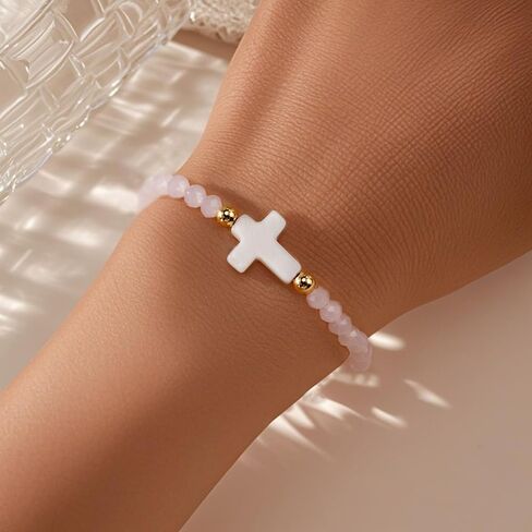 Cross Natural Gemstone Crystal Beaded Stretch Bracelet for Women,Handmade Boho Colorful Glass Beads Fashion Jewelry Gift in Saudi Arabia