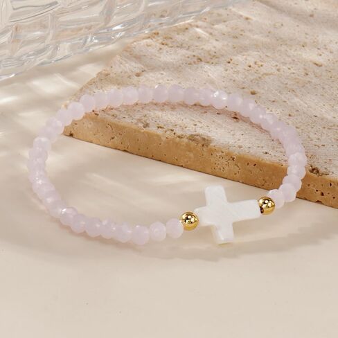Cross Natural Gemstone Crystal Beaded Stretch Bracelet for Women,Handmade Boho Colorful Glass Beads Fashion Jewelry Gift in Saudi Arabia