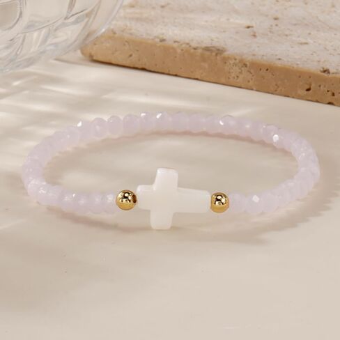 Cross Natural Gemstone Crystal Beaded Stretch Bracelet for Women,Handmade Boho Colorful Glass Beads Fashion Jewelry Gift in Saudi Arabia