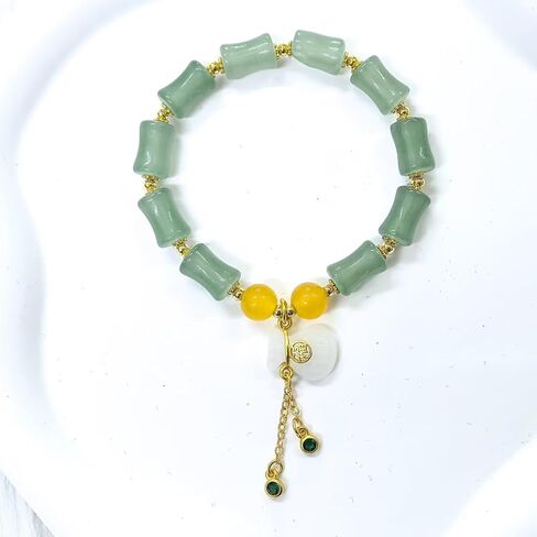 Bamboo Bracelet Jade Stones Lucky Money Bag Pendant Charm Stretch Beaded Bracelets For Women Fengshui Jewelry in Kuwait