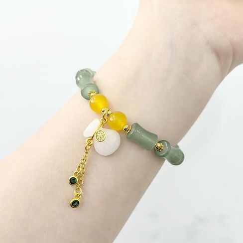 Bamboo Bracelet Jade Stones Lucky Money Bag Pendant Charm Stretch Beaded Bracelets For Women Fengshui Jewelry in Kuwait