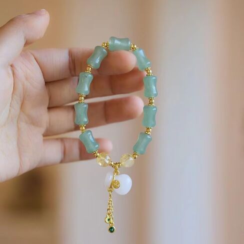 Bamboo Bracelet Jade Stones Lucky Money Bag Pendant Charm Stretch Beaded Bracelets For Women Fengshui Jewelry in Kuwait