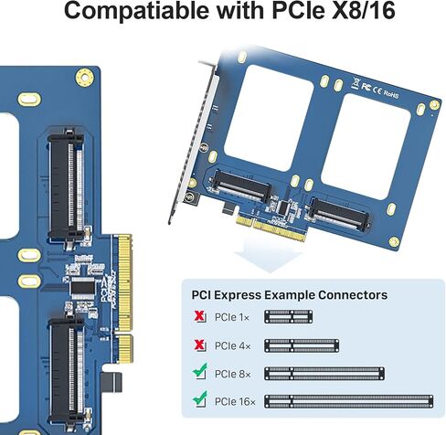 H!Fiber PCIe 3.0 x8 to Dual U.2 NVMe Adapter Card, SFF-8639 Expansion Card for Two 2.5’’ U.2 SSD, Non-RAID, Only Full-Height Bracket in Kuwait