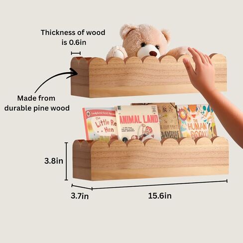 Scalloped Shelves - Set of 2 Pre-Assembled Floating Nursery Book Shelves, 16 Inch Scalloped Natural Wood Floating Book Shelves for Wall - Cloud Shelves for Nursery in Kuwait