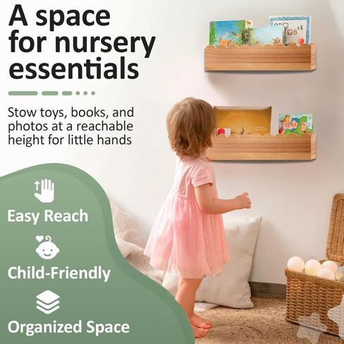 Scalloped Shelves - Set of 2 Pre-Assembled Floating Nursery Book Shelves, 16 Inch Scalloped Natural Wood Floating Book Shelves for Wall - Cloud Shelves for Nursery in Kuwait