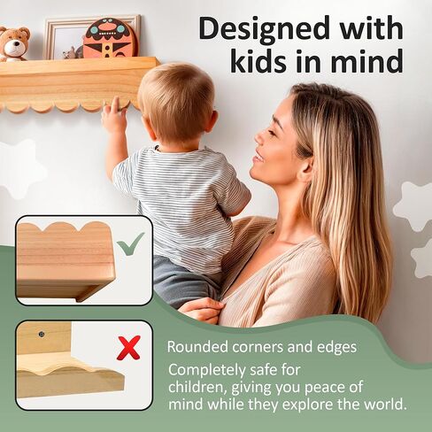 Scalloped Shelves - Set of 2 Pre-Assembled Floating Nursery Book Shelves, 16 Inch Scalloped Natural Wood Floating Book Shelves for Wall - Cloud Shelves for Nursery in Kuwait