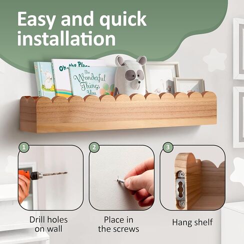 Scalloped Shelves - Set of 2 Pre-Assembled Floating Nursery Book Shelves, 16 Inch Scalloped Natural Wood Floating Book Shelves for Wall - Cloud Shelves for Nursery in Kuwait