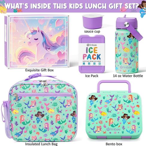Fimibuke Bento Lunch Box for Kids - Toddler Snack Bento Box Container with 3 Compartments, Stainless Steel Water Bottle, Insulated Lunch Bag, Ice Pack Set for Ages 3-12 Girl Boy Daycare Back to School in Kuwait