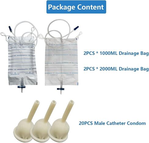 Male Catheter External Self-Sealing Set 20PCS Condom 2PCS 1000ML Urine Bag 2PCS 2000ML Drainage Bag(25mm/0.98inch) in Kuwait