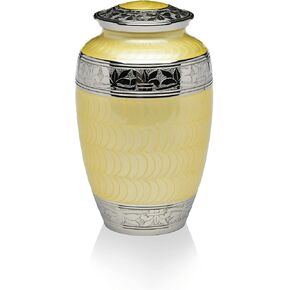 Adult Cremation Urn for Human Ashes - Yellow Enamel Over Nickel-Plated Brass Memorial Cremation Urn with Fleur-de-lis Design - Brass Urn, Adult - 200 cu. in. in Saudi Arabia