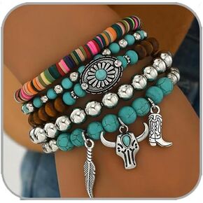 Western Bracelets for Women Cowgirl Turquoise Beaded Stretch Bracelets Vintage Turquoise Beaded Western Jewelry Bohemian Stackable Bracelet Country Concert Cowgirl Dresses Accessories in Kuwait