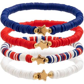 4th of July Summer Beach Heishi Surfer Bracelets Set for Women America Patriotic Flag Clay Beaded Stretch Bracelet Red White Blue Star Stackable Charm Bangle Independence Day Gifts in Kuwait