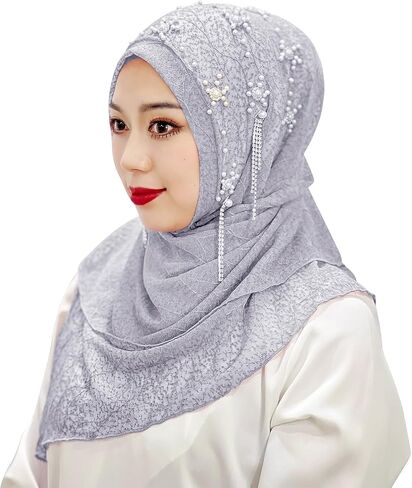 BXT Women Soft Pearl flower Muslim Hijab Turban One Piece Long Scarf Shawl Fashion Tassel Muslim Hijab Islamic Head Scarf in Saudi Arabia