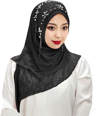 bxt نساء ناعم لؤلؤة زهرة مسلم الحجاب عمامة قطعة واحدة وشاح طويل شال أزياء شرابة المسلم حجاب الرأس الإسلامي وشاح in Saudi Arabia