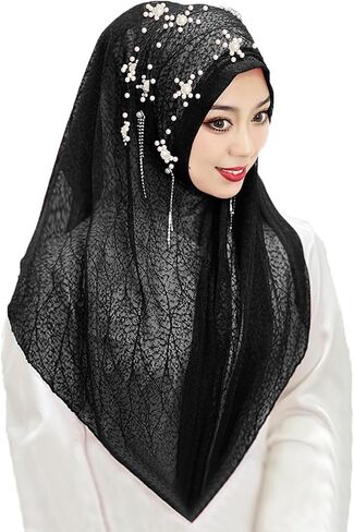 bxt نساء ناعم لؤلؤة زهرة مسلم الحجاب عمامة قطعة واحدة وشاح طويل شال أزياء شرابة المسلم حجاب الرأس الإسلامي وشاح in Saudi Arabia