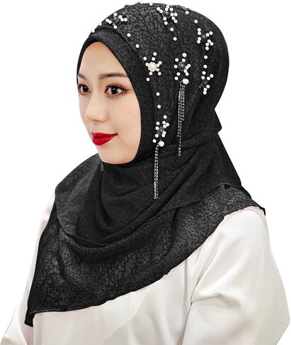 bxt نساء ناعم لؤلؤة زهرة مسلم الحجاب عمامة قطعة واحدة وشاح طويل شال أزياء شرابة المسلم حجاب الرأس الإسلامي وشاح in Saudi Arabia