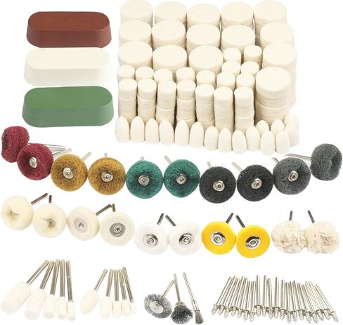 طقم تلميع عجلة تلميع 118 قطعة من دريميل، مجموعة وسادة تلميع صوف اللباد ونقطة رأس جلخ وأداة مغزل أدوات الملحقات مع ساق 1/8 بوصة لتلميع المجوهرات المعدنية in Kuwait
