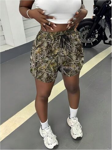 WDIRARA Women's Plus Size Camo Drawstring Waist Shorts Workout Gym Track Shorts in Kuwait